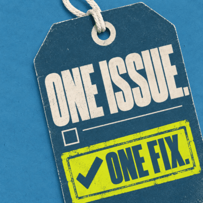 Blue repair claim tag reading ONE ISSUE with a chartreuse stamp reading ONE FIX