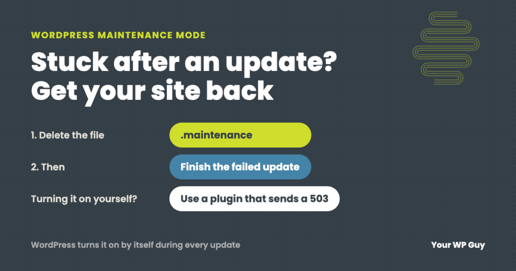 Site stuck in WordPress maintenance mode after an update: delete the .maintenance file, then finish the failed update