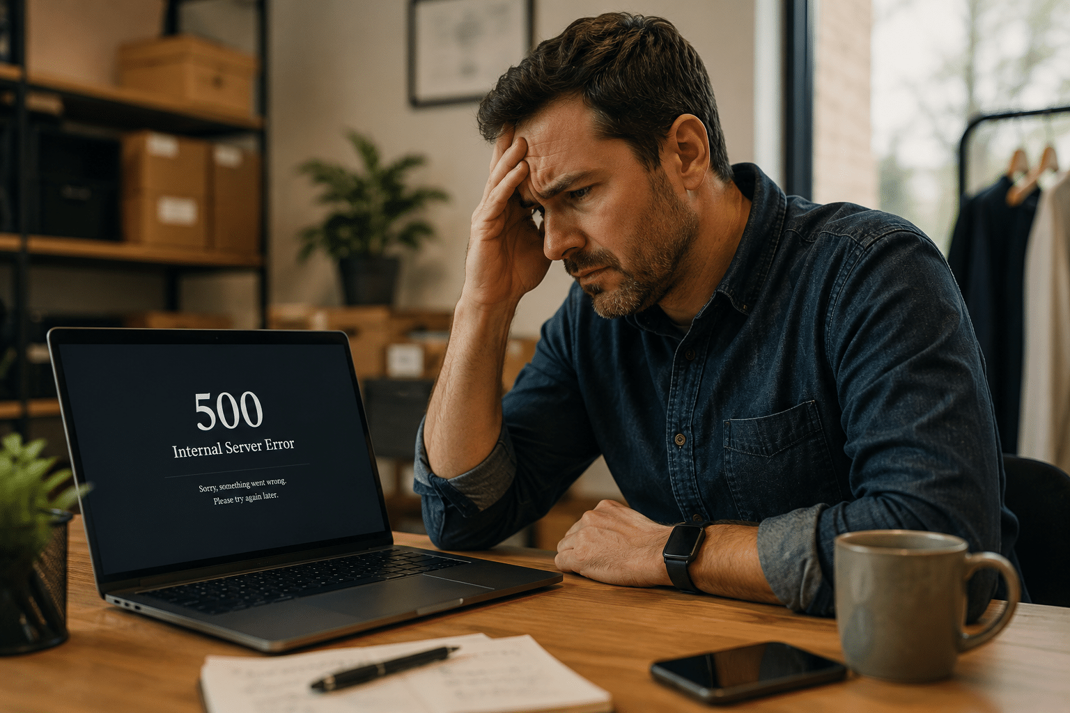 frustrated business owner laptop error your wp guy - WordPress 500 Internal Server Error: What It Means and How to Fix It - Problem Solving