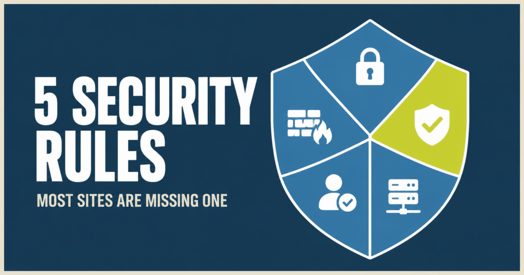 Five WordPress security icons representing uploads, files, login, XML-RPC, and firewall protection