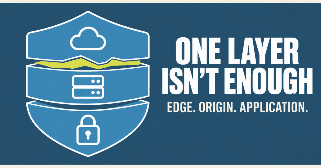 Three protection layers, edge, origin, and application, shown around a WordPress store