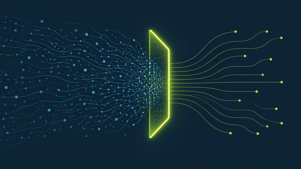 Illustration of a wave of automated attack traffic being blocked before reaching a WordPress site.
