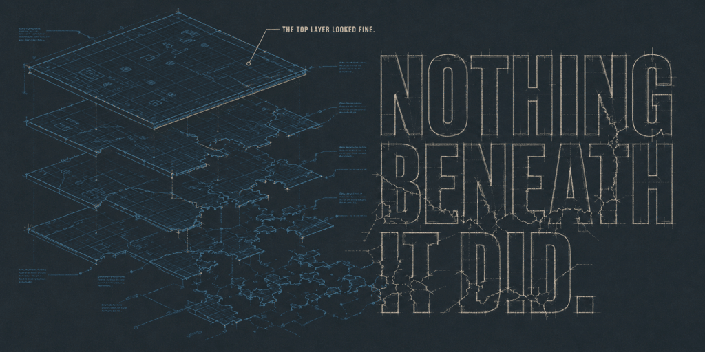 A blueprint-style exploded diagram where the top layer looks fully intact but every layer beneath it fractures apart, illustrating a WordPress outage that produced no error logs