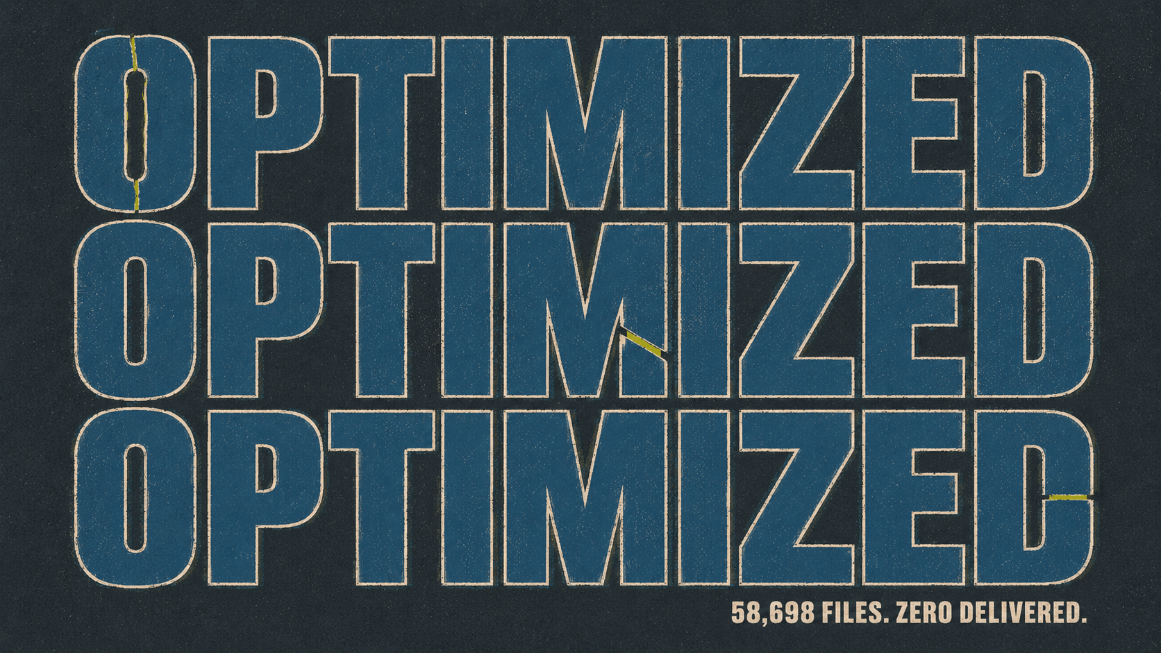 WordPress image optimization illustration: the word OPTIMIZED repeated three times, each with a hidden flaw