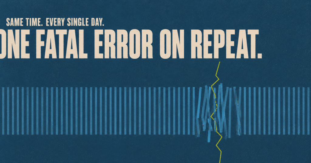 A row of identical daily schedule marks tears apart at one point, illustrating a WordPress cron event that throws the same fatal error every day