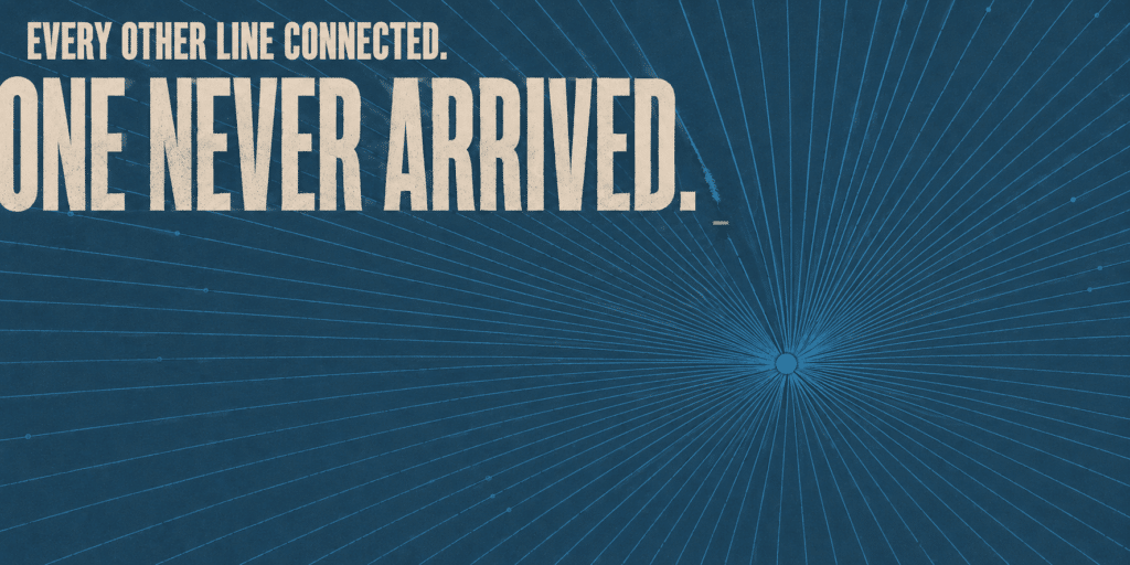 A network of hundreds of lines converging cleanly into a hub except one severed line, with bold text reading one never arrived, illustrating a single blocked connection among many working ones