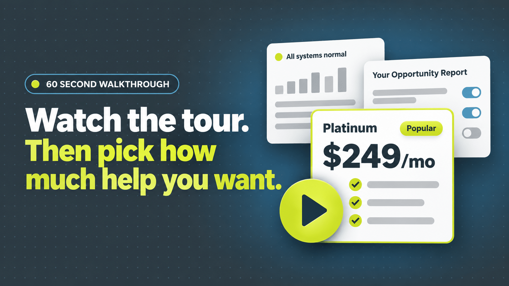 Video cover for a 60 second walkthrough of Your WP Guy care plans, showing the Platinum plan card, a site status panel and an Opportunity Report email beside the headline "Watch the tour. Then pick how much help you want."
