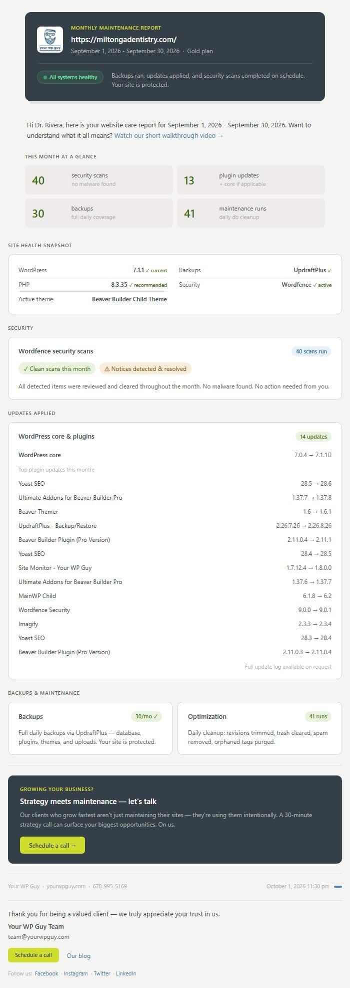 Sample monthly Website Care Report for a demo dental practice