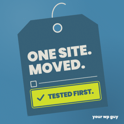 Product tag reading One site. Moved. with a checked box: Tested first.